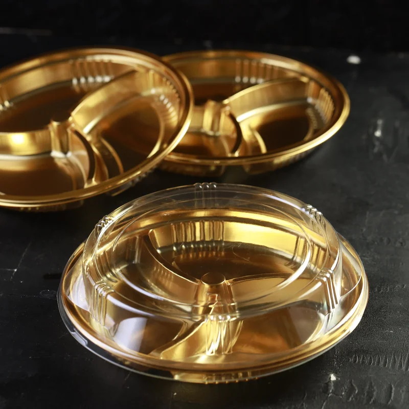 Round gold box with 3 compartments